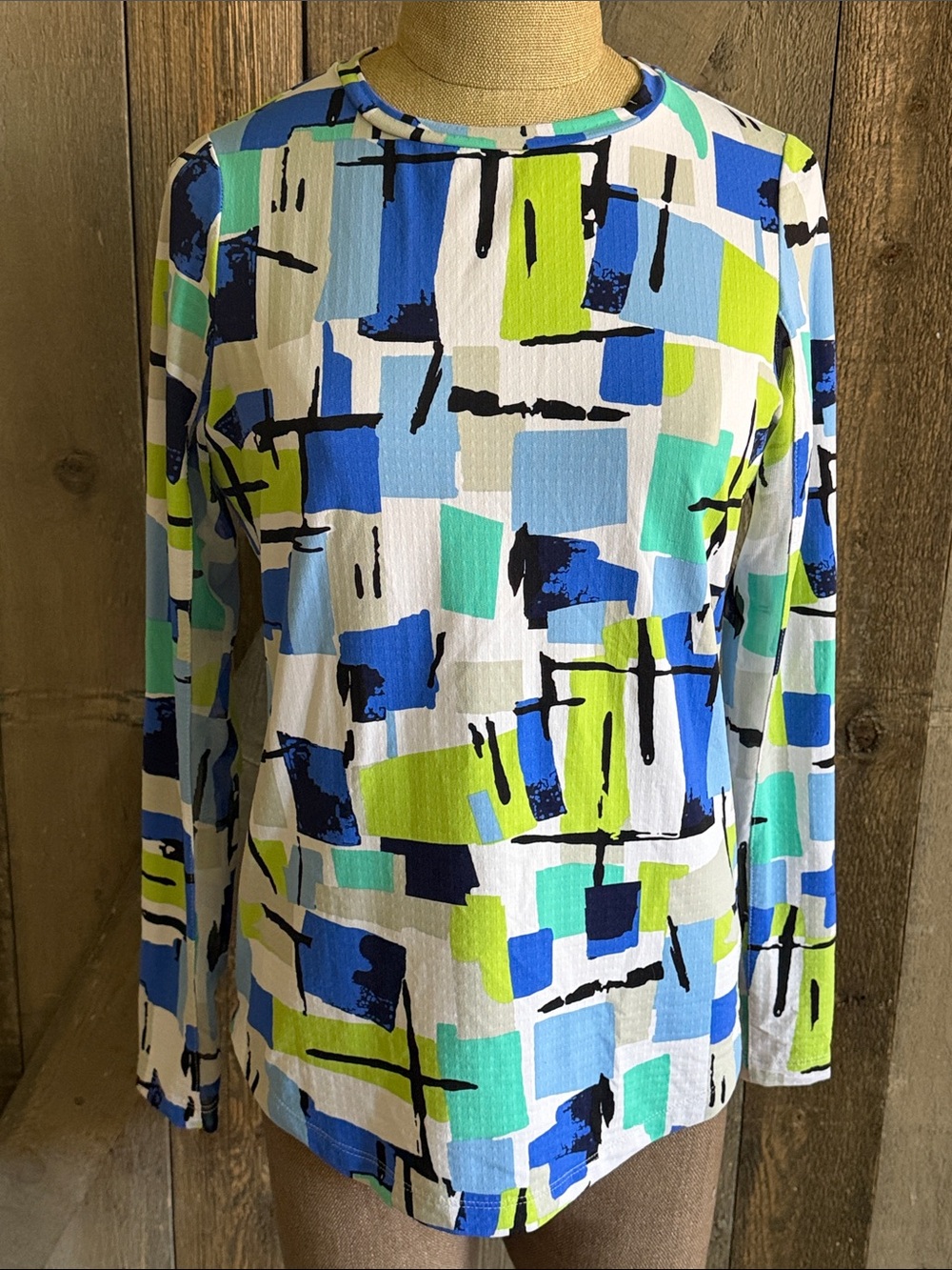 IBKUL UPF 50+ Long Sleeve Sun Shirt Blue Green Abstract Print Golf Athletic XS